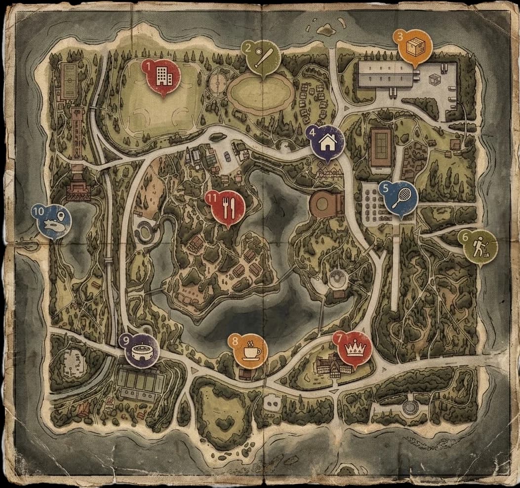 Worn paper map of Harlow Point with eleven numbered locations